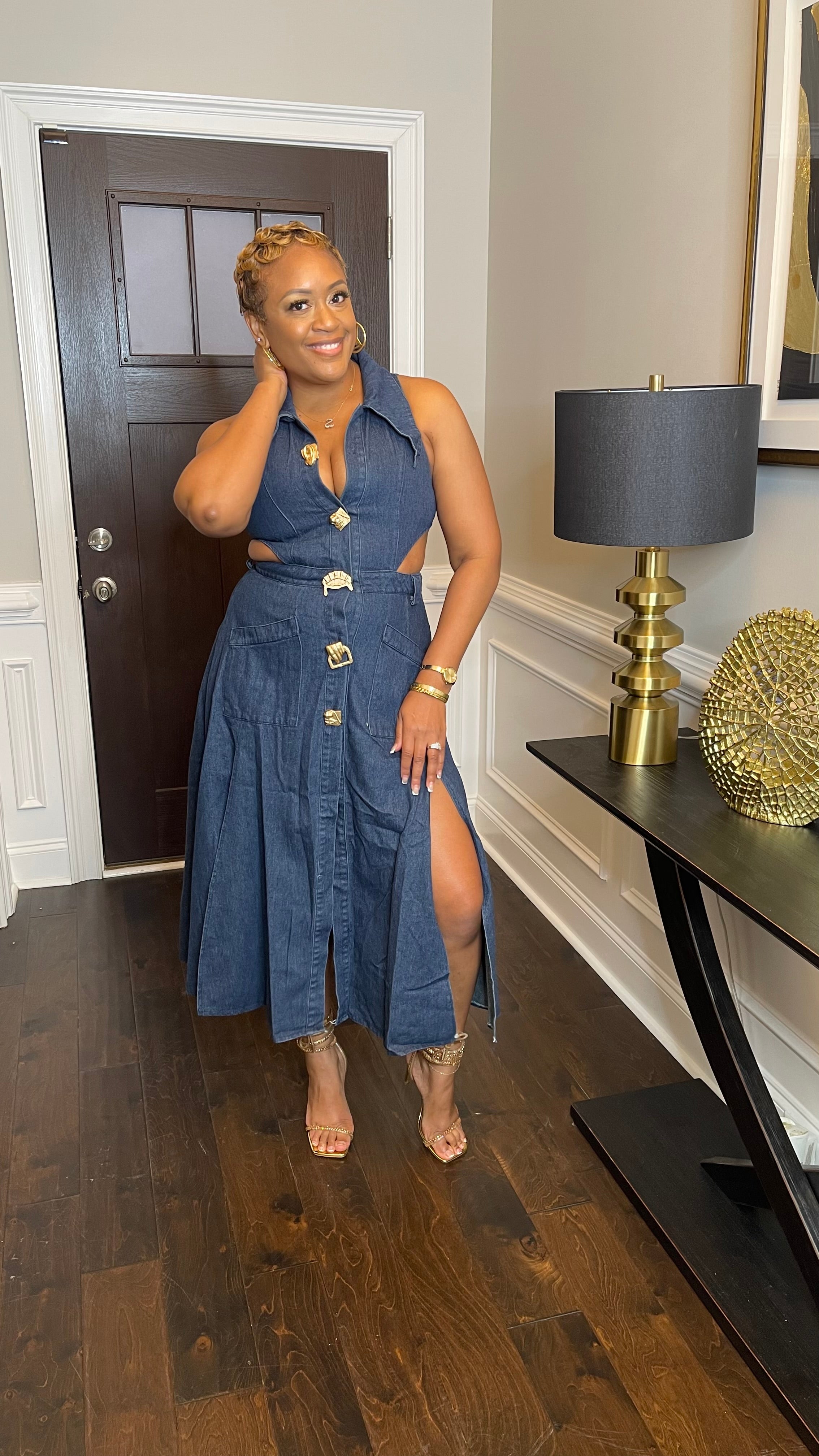 Sleeveless Denim Midi Dress with Cutout Details