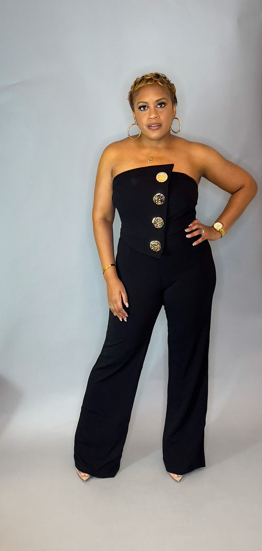 Black Sleeveless Jumpsuit with Large Gold Button Details