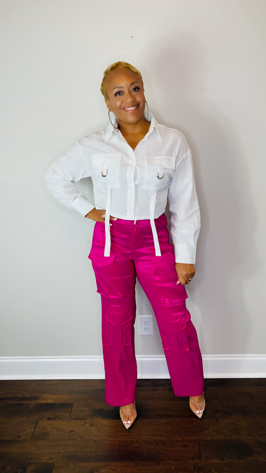 Pink Satin Cargo Pants