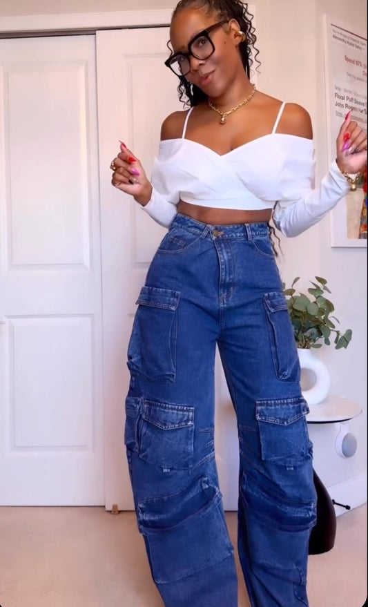 Pantalon cargo en denim surdimensionné à taille haute