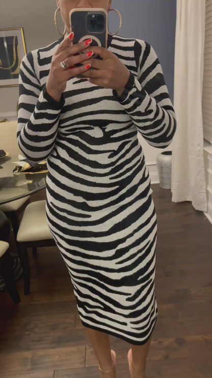 Black & White Zebra Print Knit Midi Dress