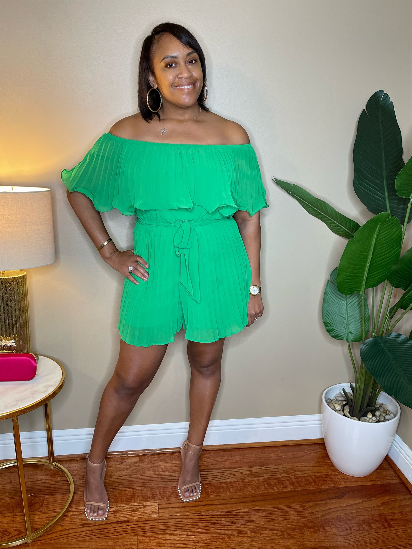 Green Pleated Off the Shoulder Romper