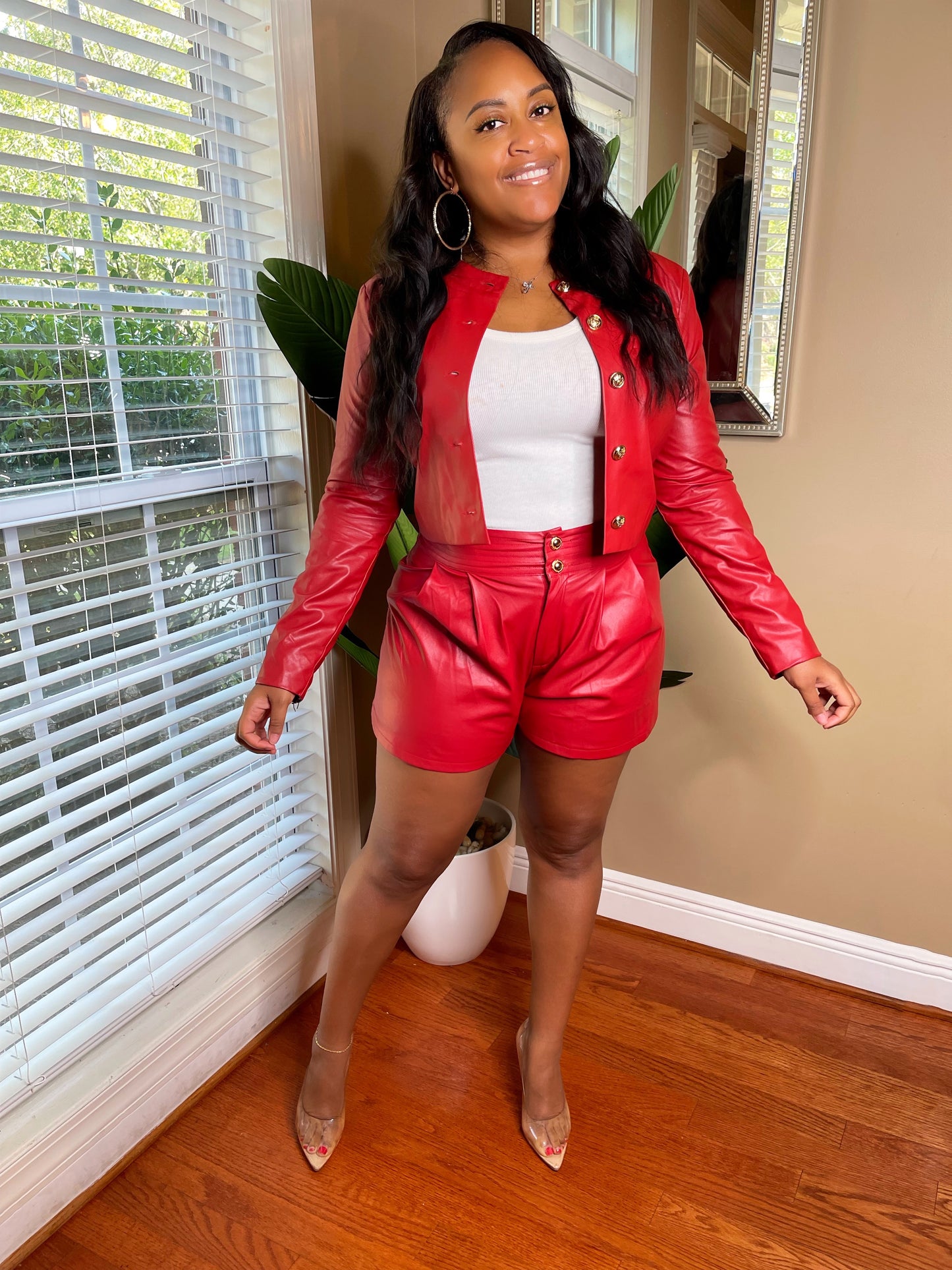 Red Faux Leather Bomber Jacket